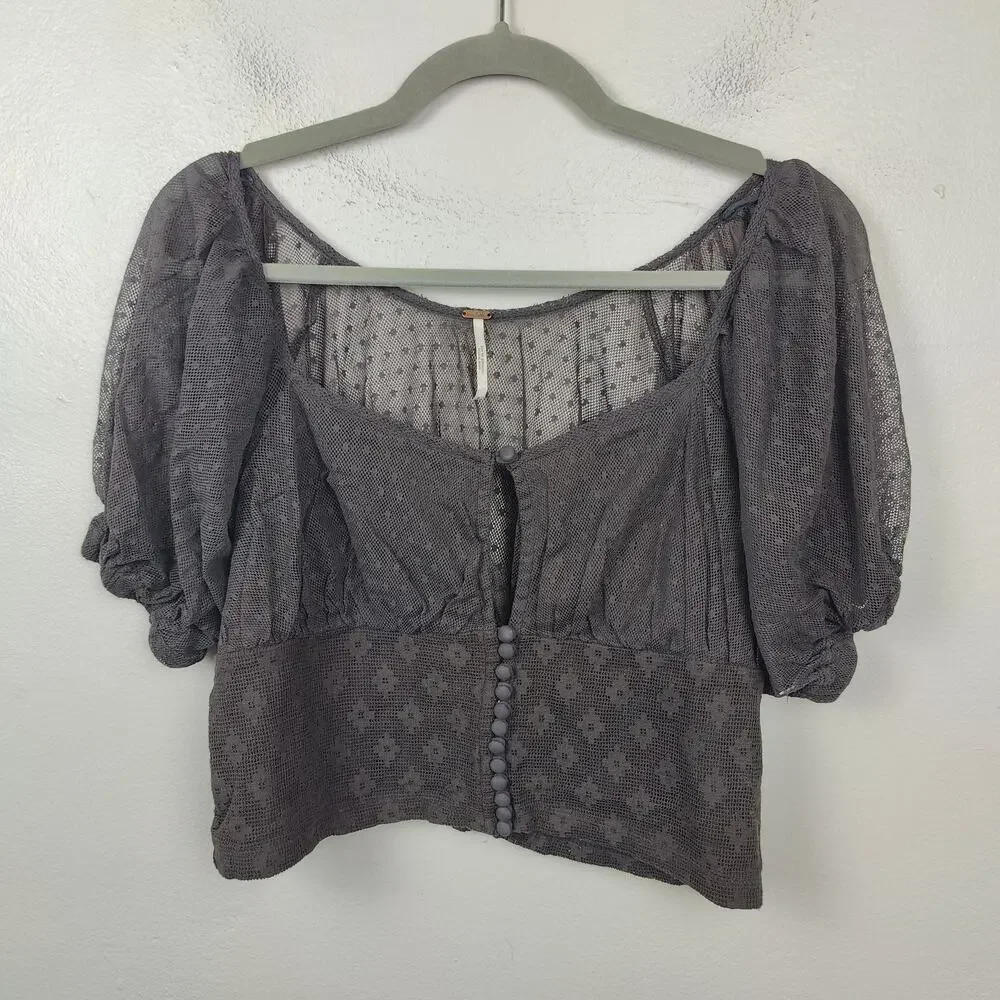 Free People Charcoal Lace Puff Sleeve Crop Top - Picture 1 of 8